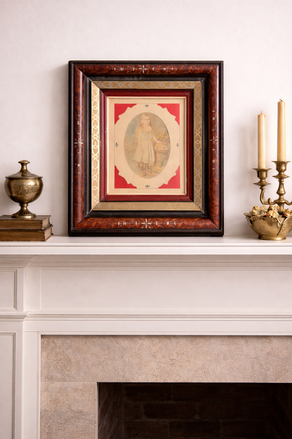 Victorian Hand-Colored Portrait of a Young Girl in Carved Walnut Frame