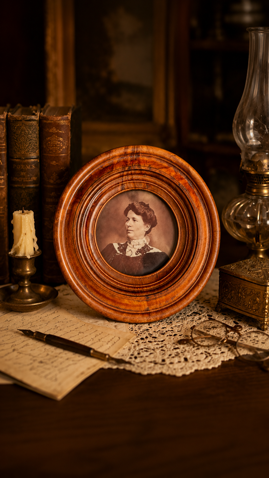 Antique Victorian Solid Walnut Portrait Frame with Original Photograph & Family Inscription