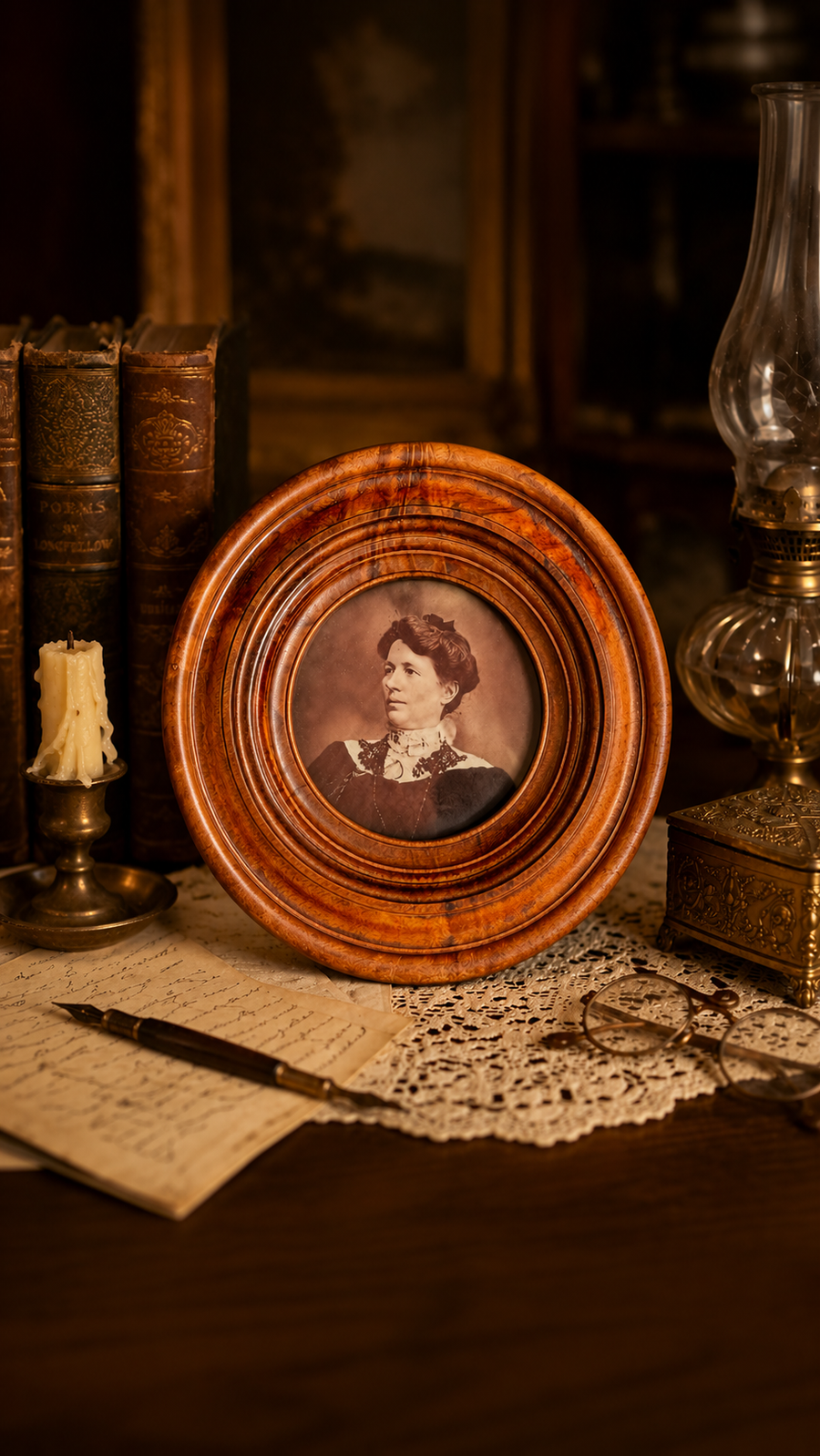 Antique Victorian Solid Walnut Portrait Frame with Original Photograph & Family Inscription