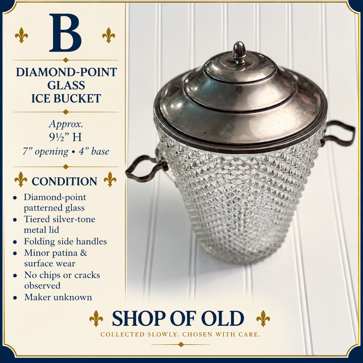 Vintage Diamond-Point Glass Ice Bucket with Tiered Silver-Tone Lid & Folding Handles