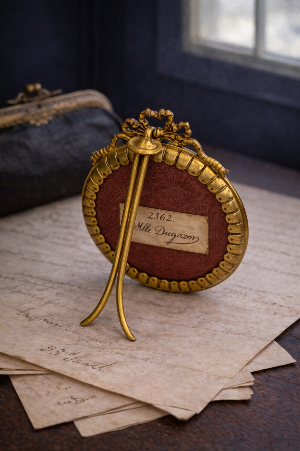 French Hand-Painted Portrait Miniature, Signed Juny, “Mlle Dugazon” Inscribed, Gilt Bronze Frame