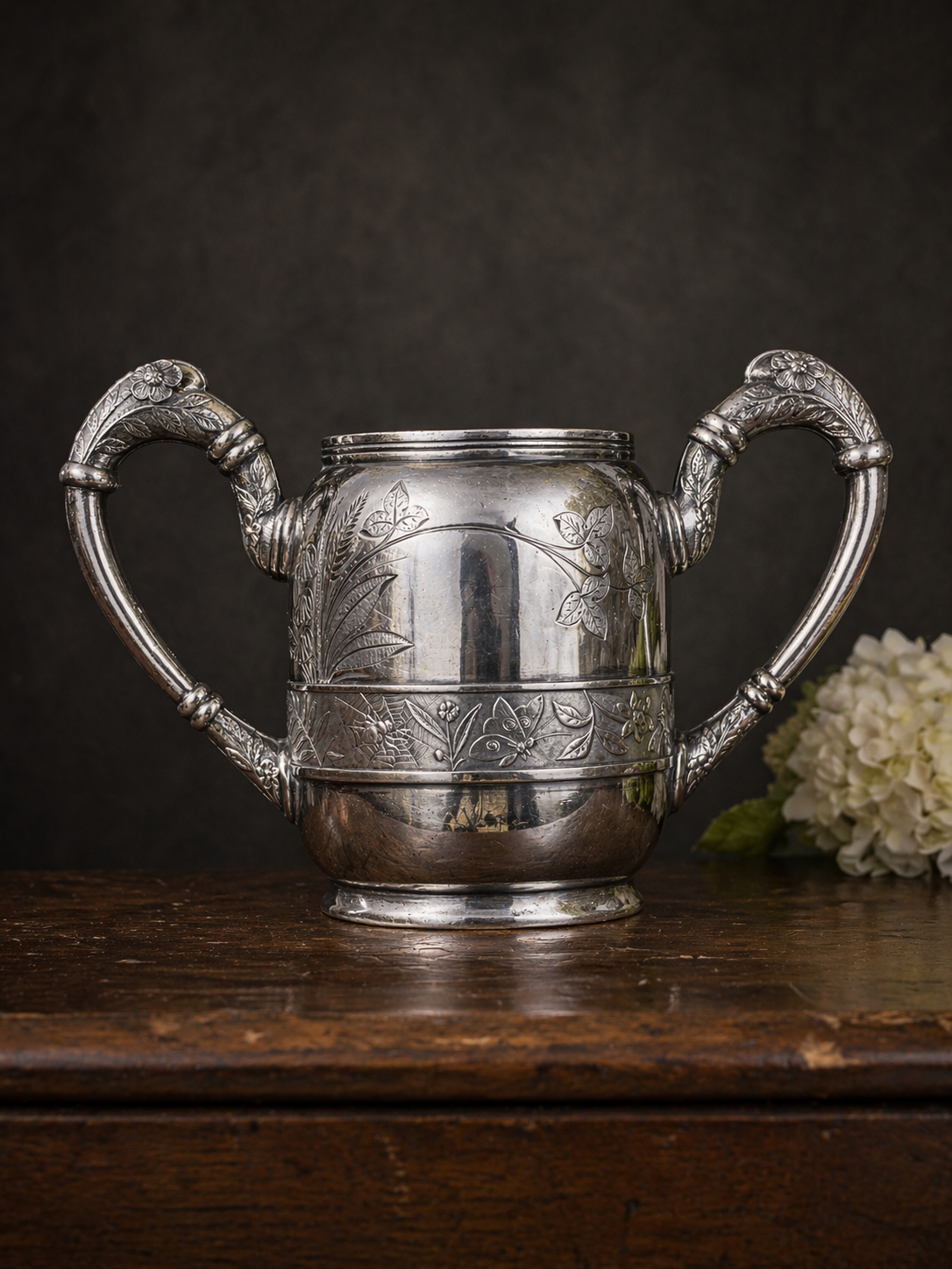 Antique 1896 Silver Plate Athletic Trophy Loving Cup – First Prize Shot Put, Engraved Floral & Insect Motif