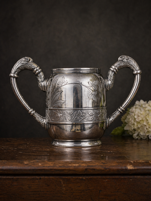 Antique 1896 Silver Plate Athletic Trophy Loving Cup – First Prize Shot Put, Engraved Floral & Insect Motif