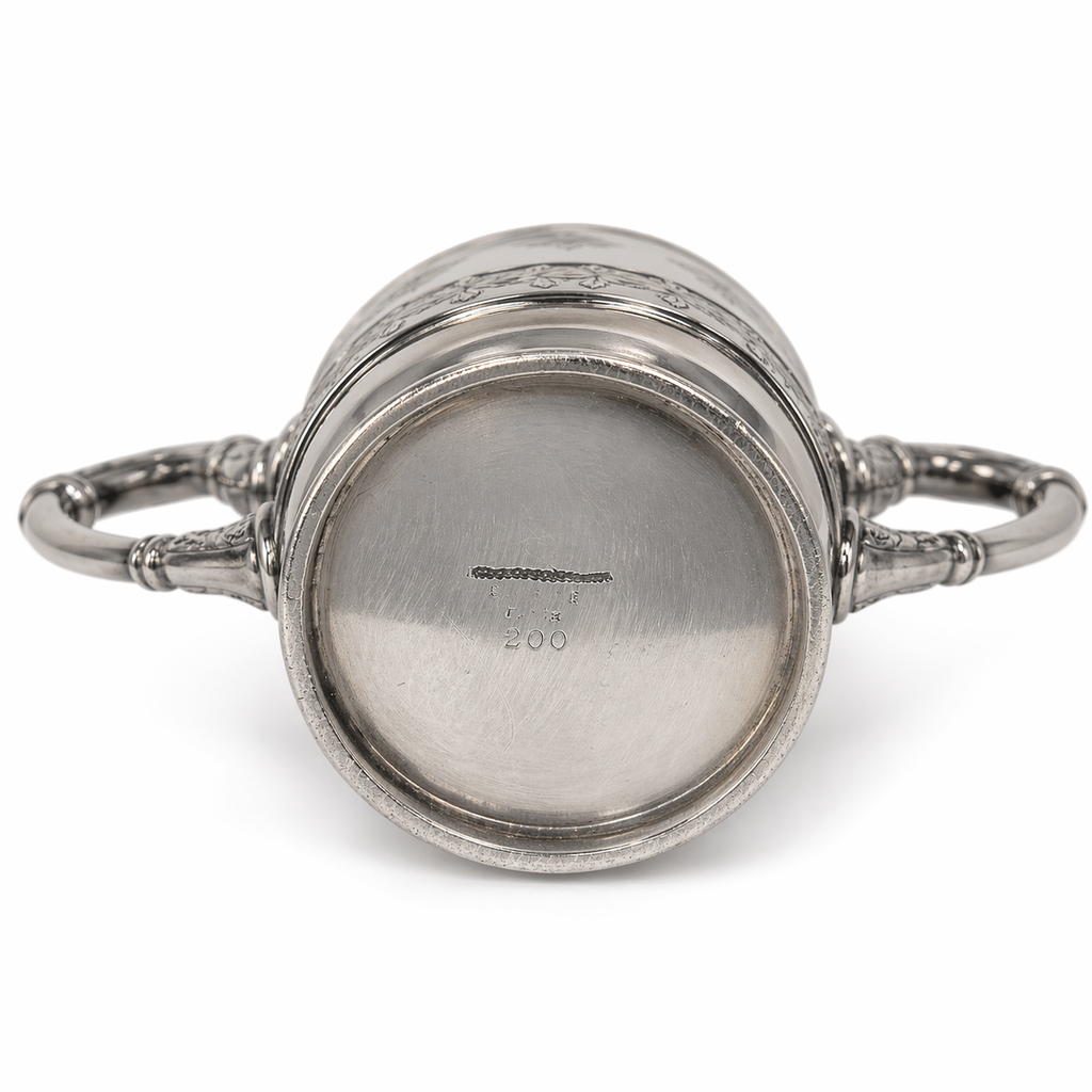 Antique 1896 Silver Plate Athletic Trophy Loving Cup – First Prize Shot Put, Engraved Floral & Insect Motif