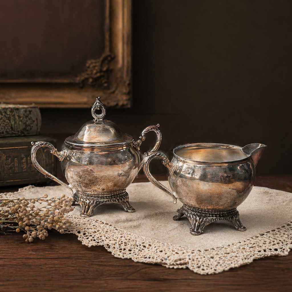 Antique Style Footed Silver Plate Creamer & Sugar Set