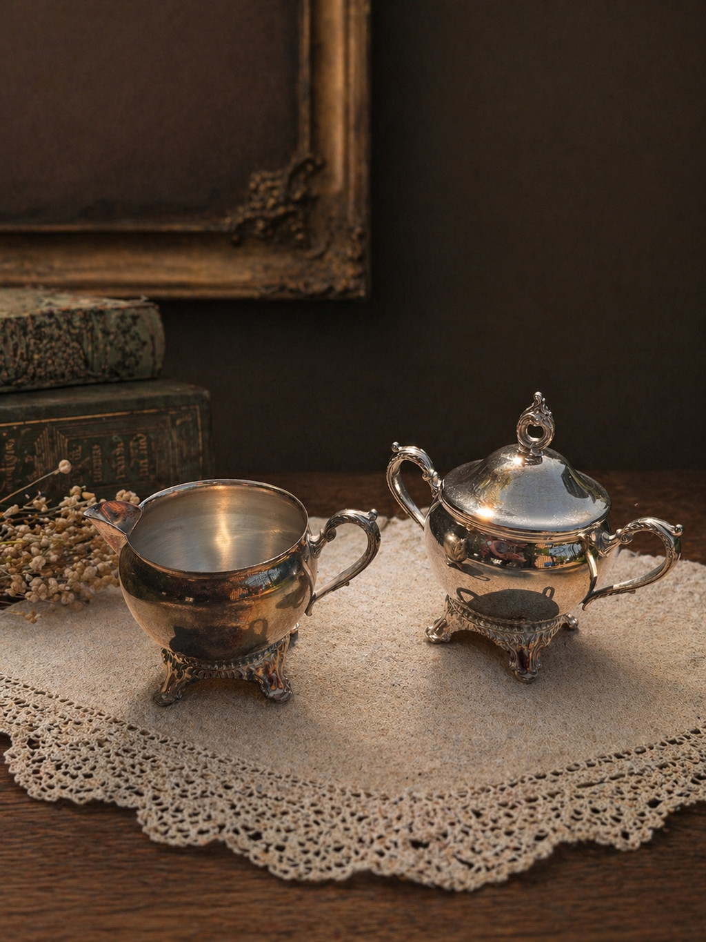 Antique Style Footed Silver Plate Creamer & Sugar Set