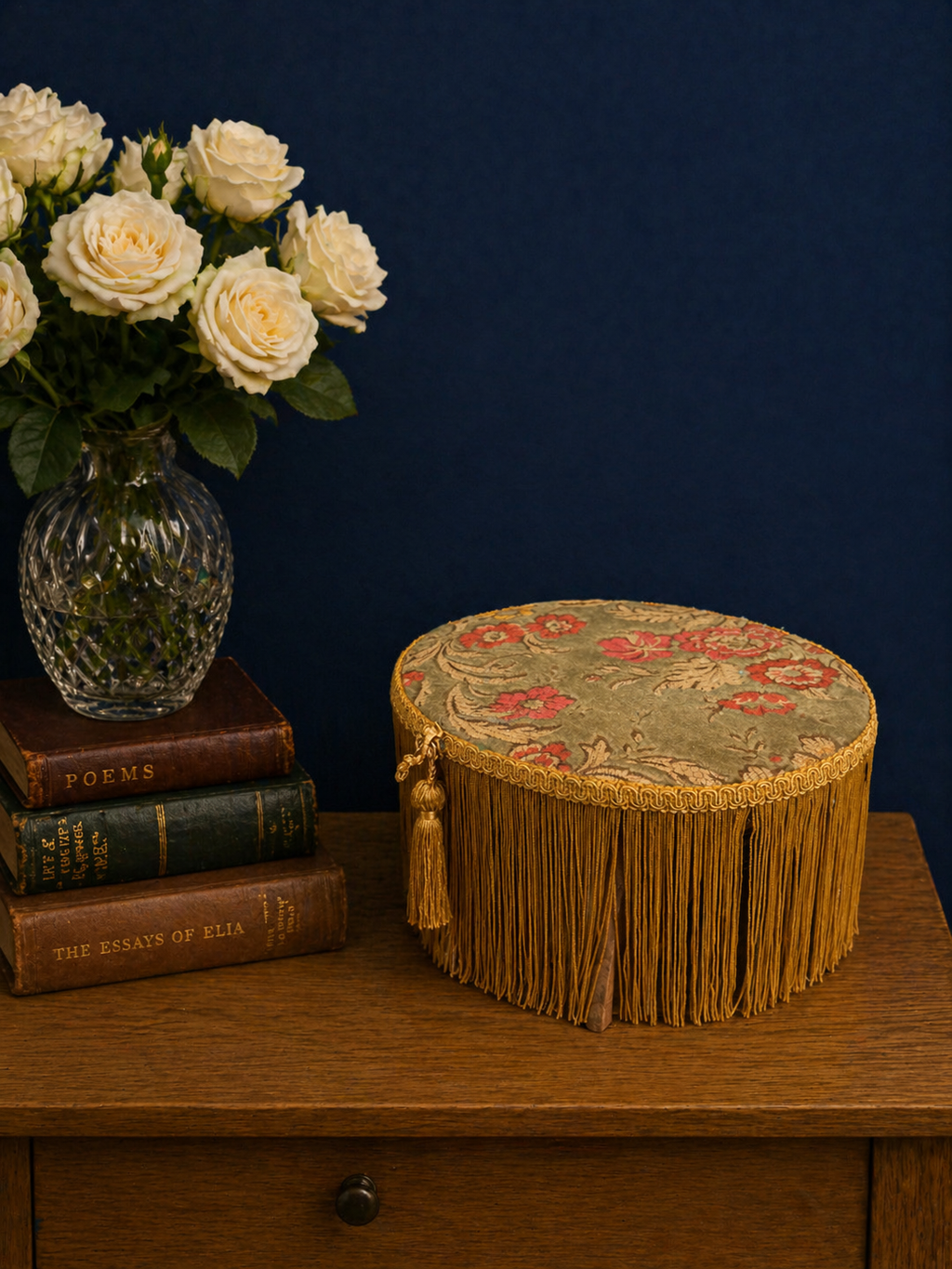 Vintage Fringed Upholstered Riser Stool | Floral Fabric Pedestal