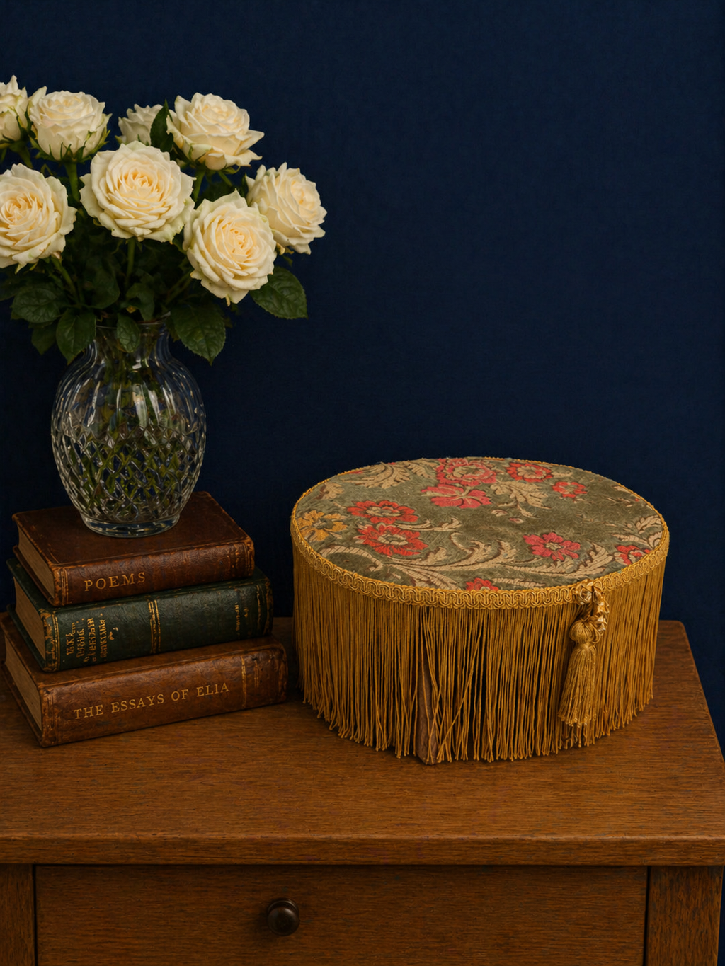 Vintage Fringed Upholstered Riser Stool | Floral Fabric Pedestal