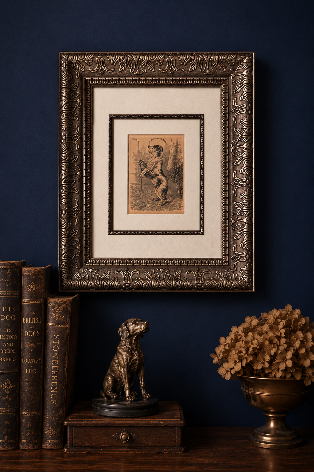 Antique Dog Book Plate Engraving Framed in Ornate 11x14 Gold-Silver Frame