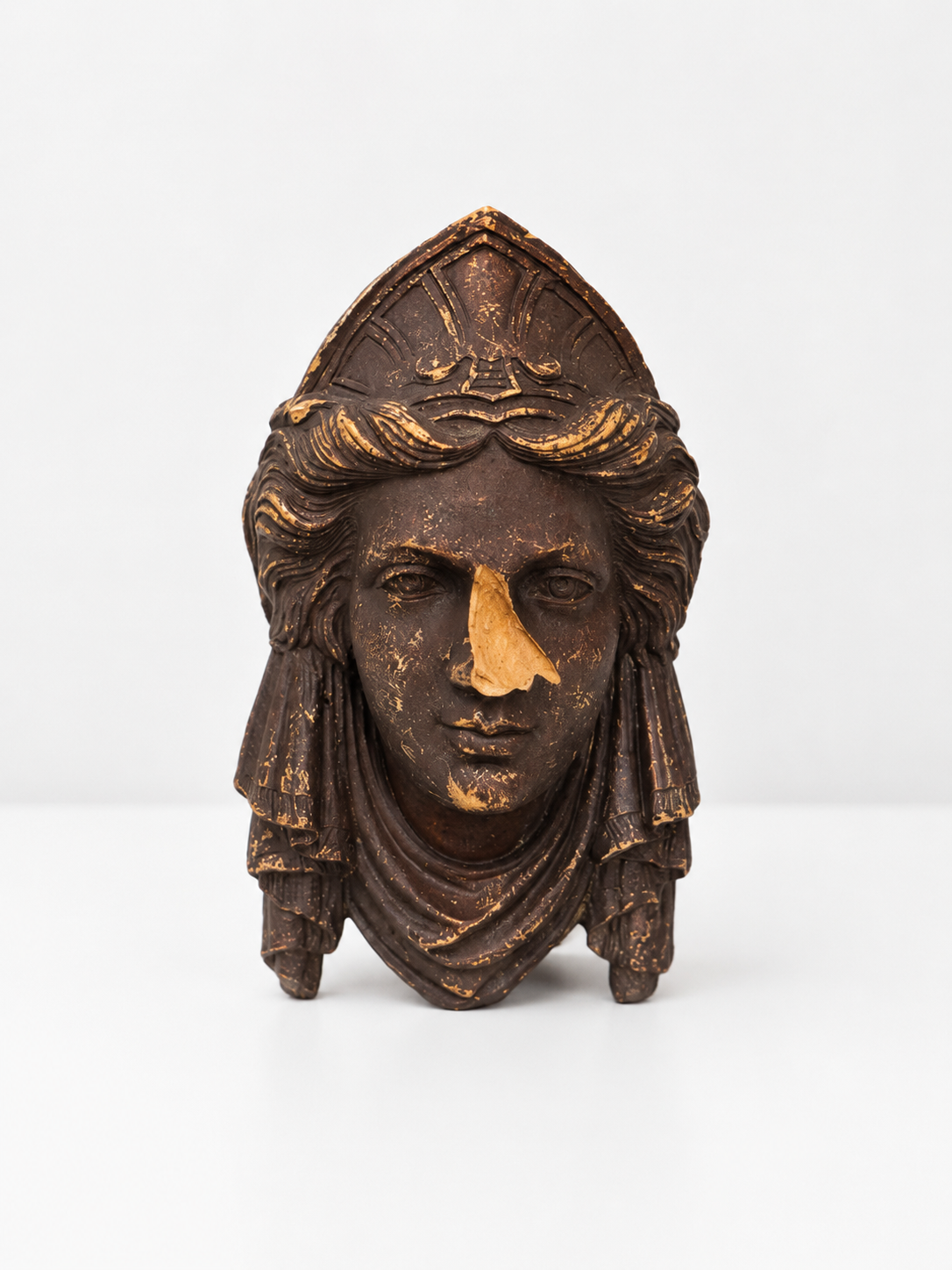 Antique Neoclassical Architectural Salvage Head with Broken Nose | Wall-Mount Composition Fragment, 8”