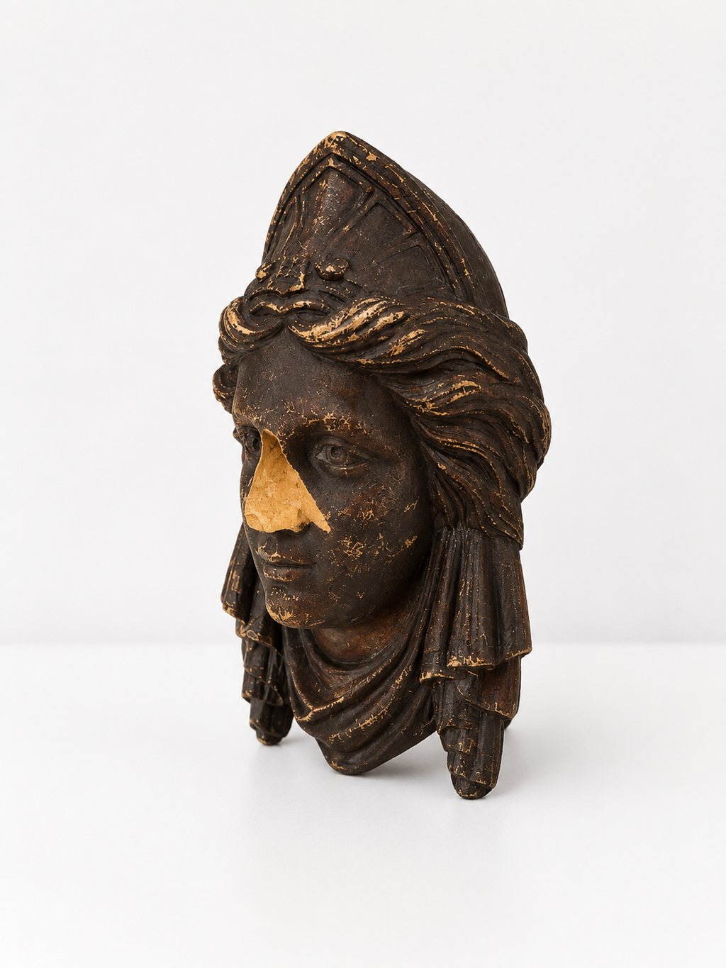 Antique Neoclassical Architectural Salvage Head with Broken Nose | Wall-Mount Composition Fragment, 8”