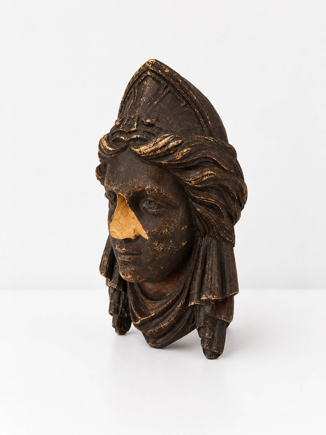 Antique Neoclassical Architectural Salvage Head with Broken Nose | Wall-Mount Composition Fragment, 8”