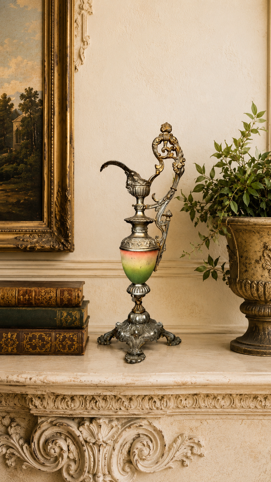 Victorian Spelter & Hand-Painted Glass Garniture Ewer with Lion Mask Spout