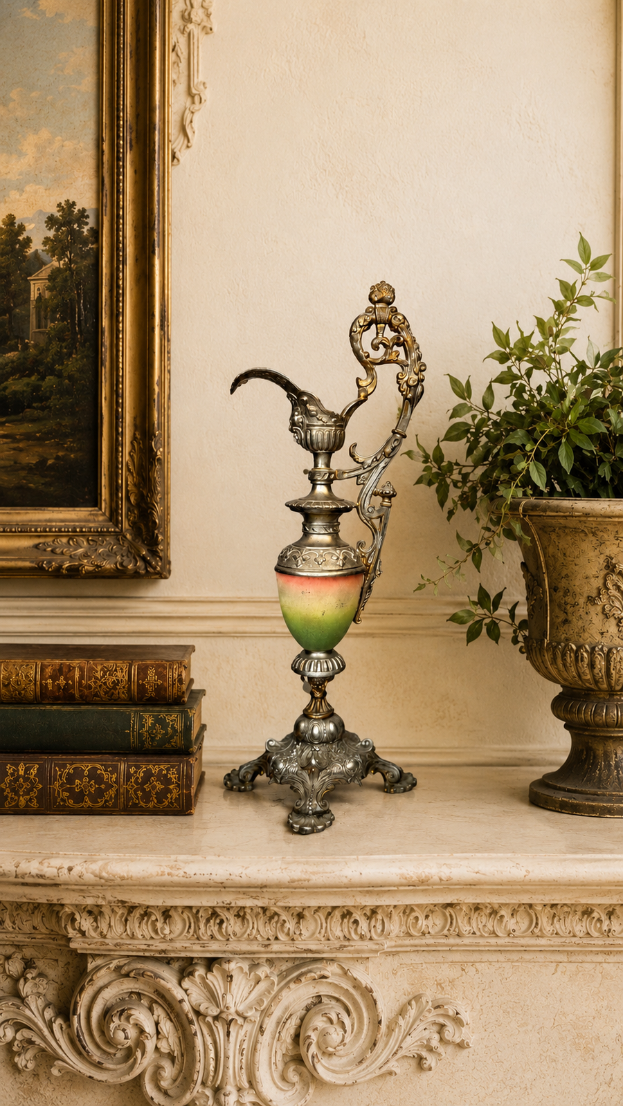 Victorian Spelter & Hand-Painted Glass Garniture Ewer with Lion Mask Spout