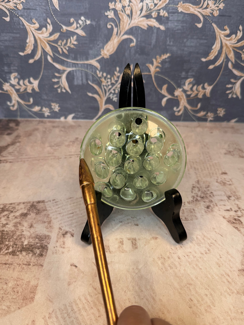 Vintage Green Glass Flower Frog Vase Insert 4” Floral Arranger