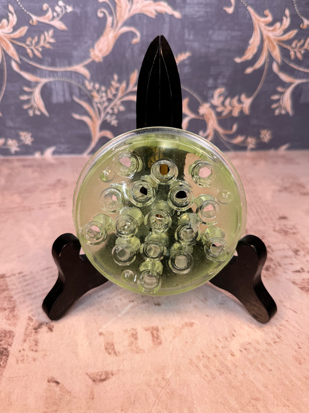Vintage Green Glass Flower Frog Vase Insert 4” Floral Arranger