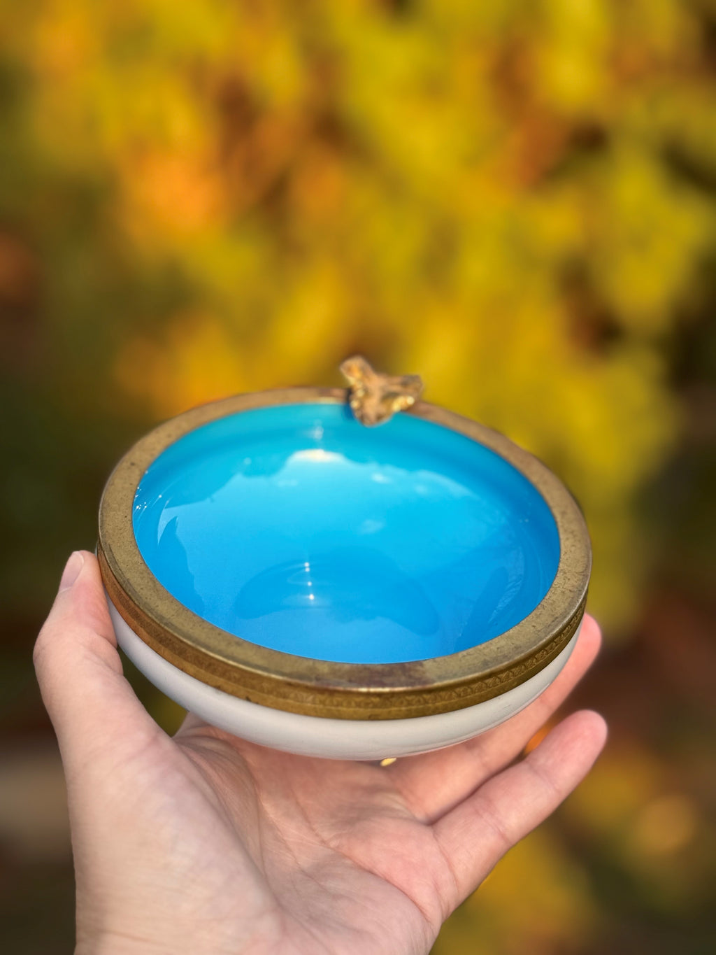 French Blue Opaline Vanity Dish with Gilt Brass Rim and Leaf Detail