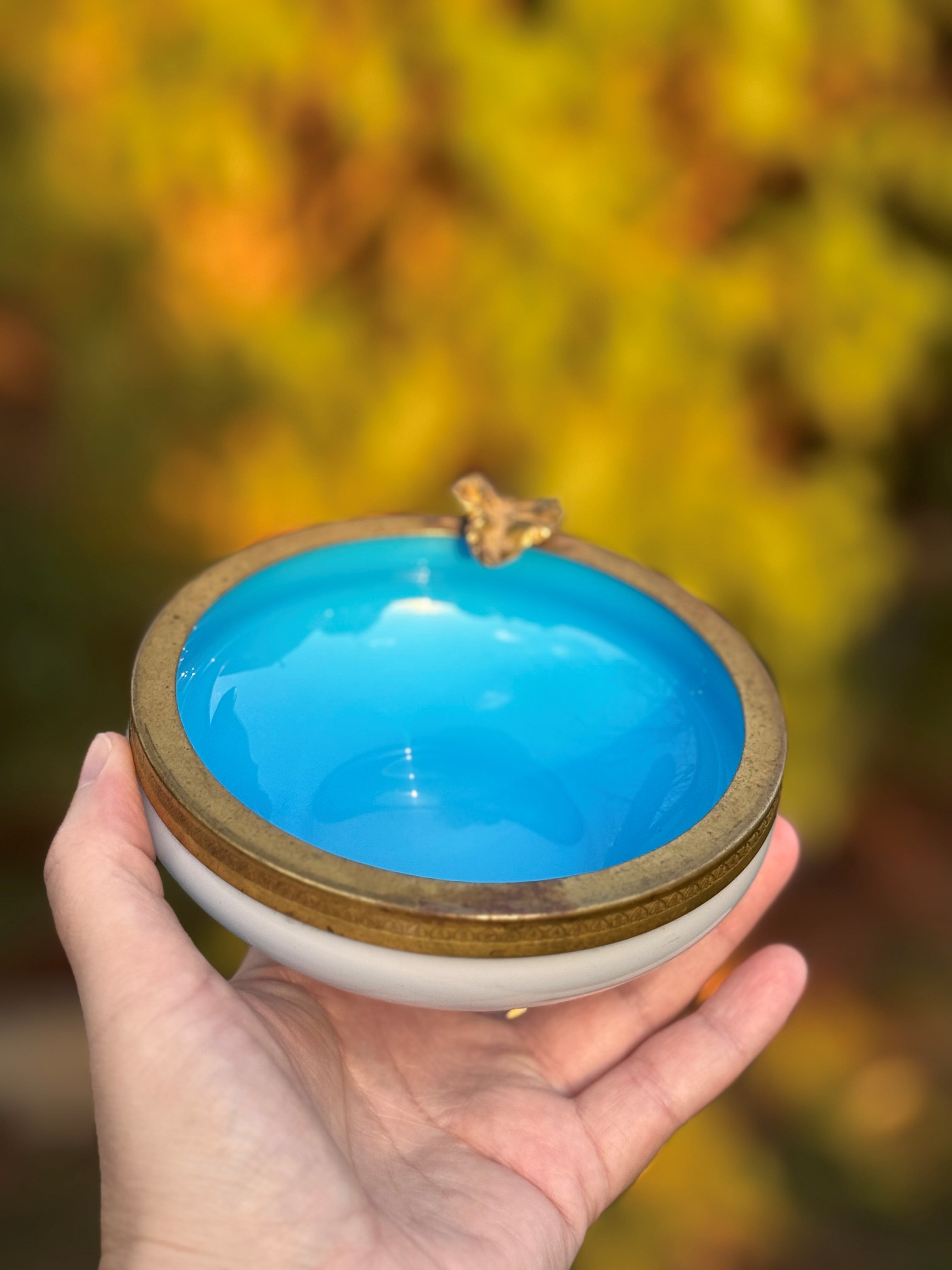French Blue Opaline Vanity Dish with Gilt Brass Rim and Leaf Detail