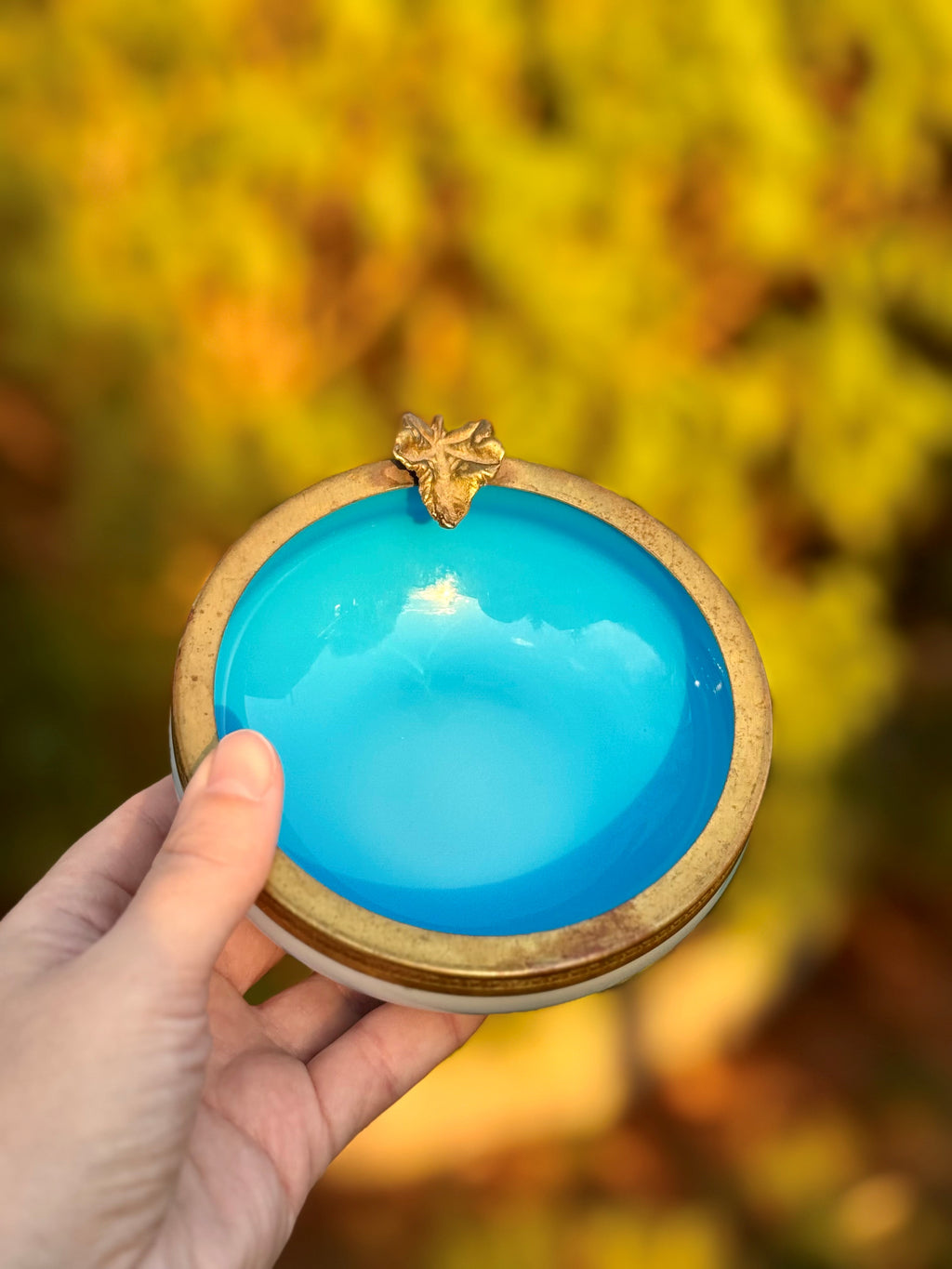 French Blue Opaline Vanity Dish with Gilt Brass Rim and Leaf Detail