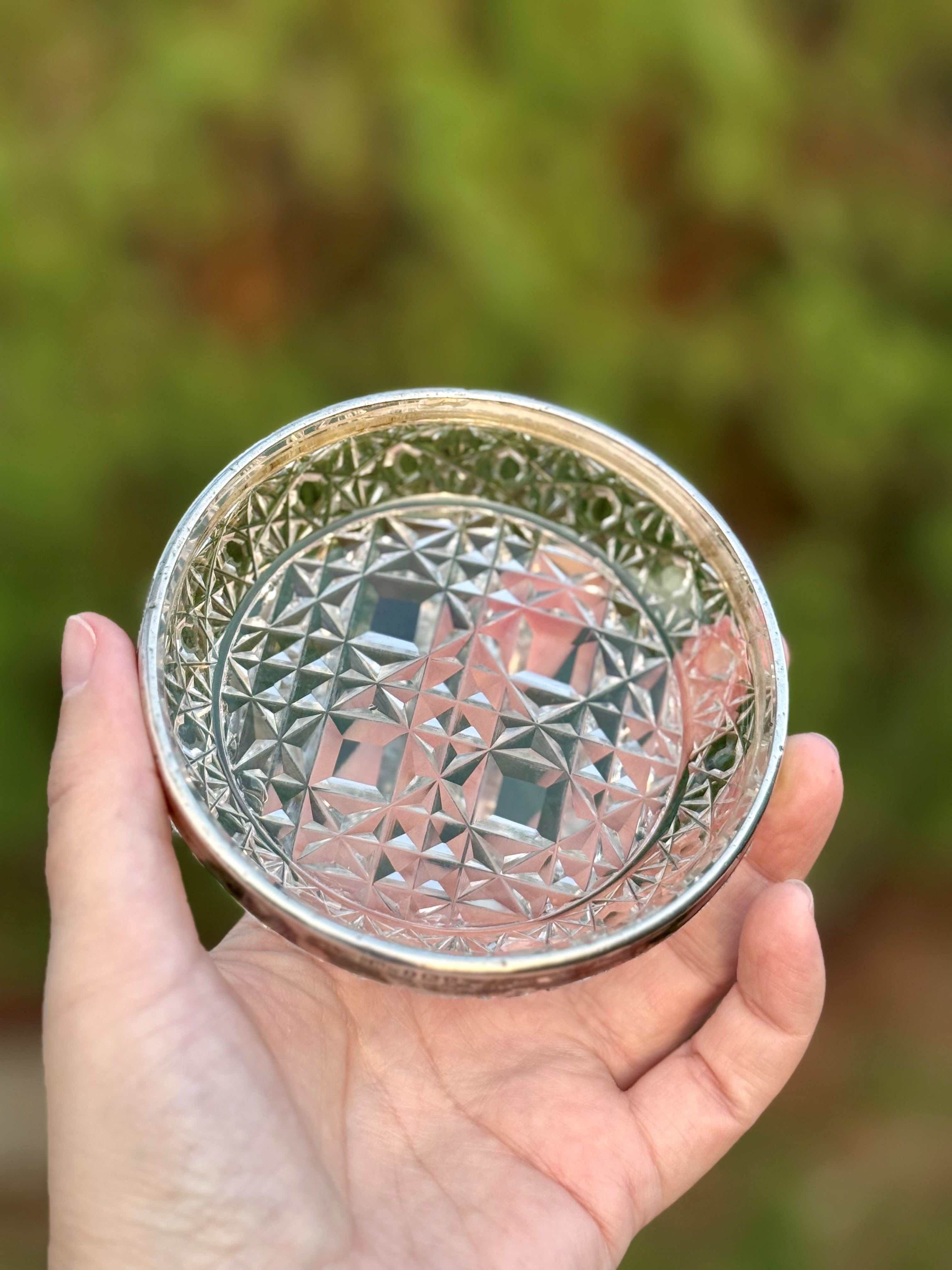 Antique Cut Crystal Dish with Hallmarked Sterling Silver Rim