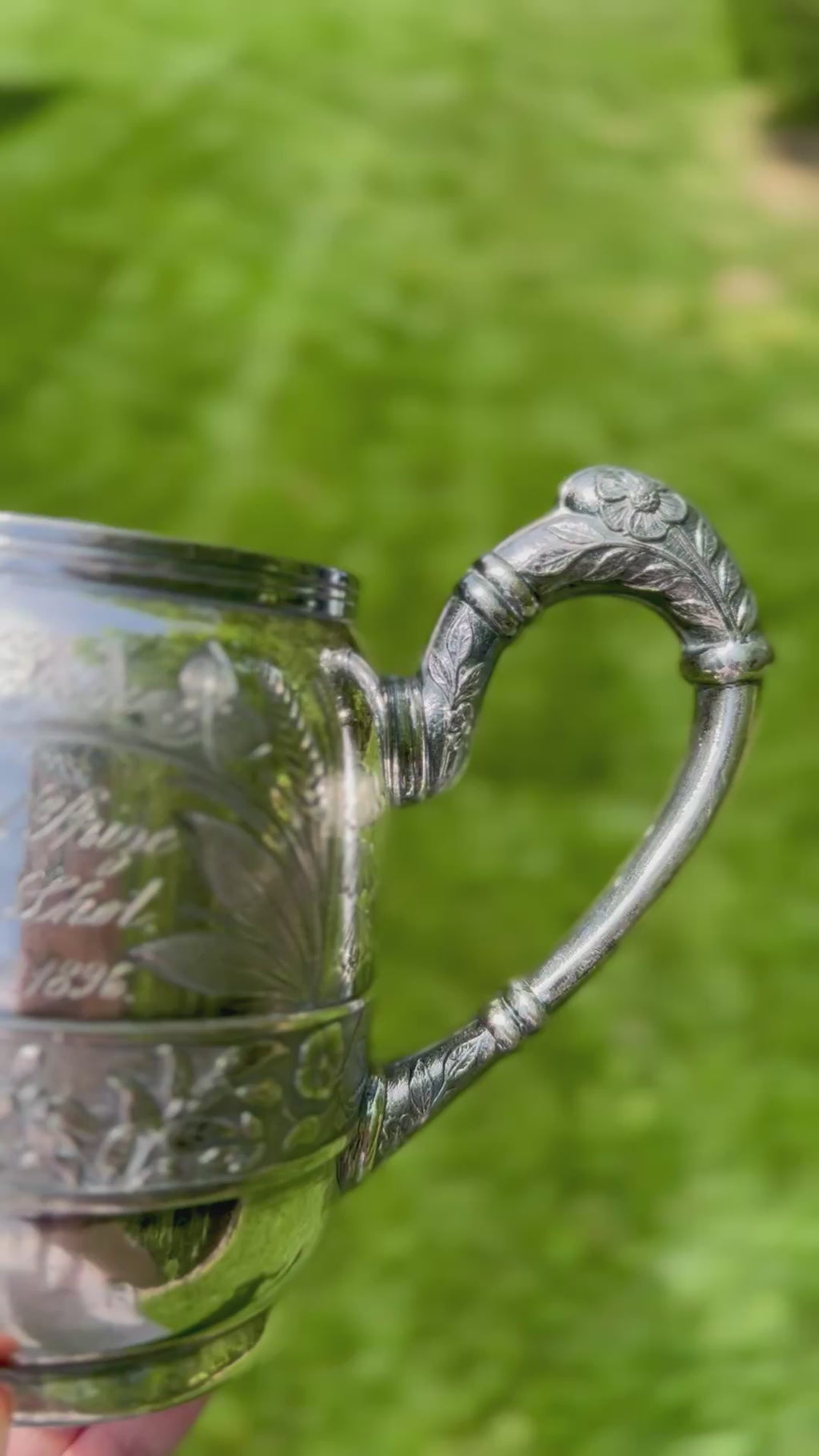 Antique 1896 Silver Plate Athletic Trophy Loving Cup – First Prize Shot Put, Engraved Floral & Insect Motif