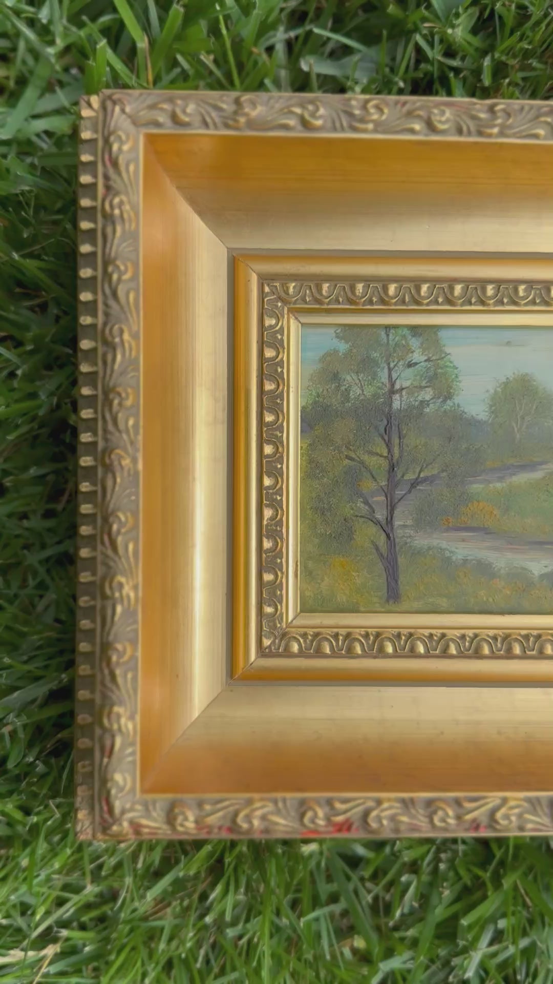 Vintage Signed Landscape Oil on Board with Creek in Gilt Frame