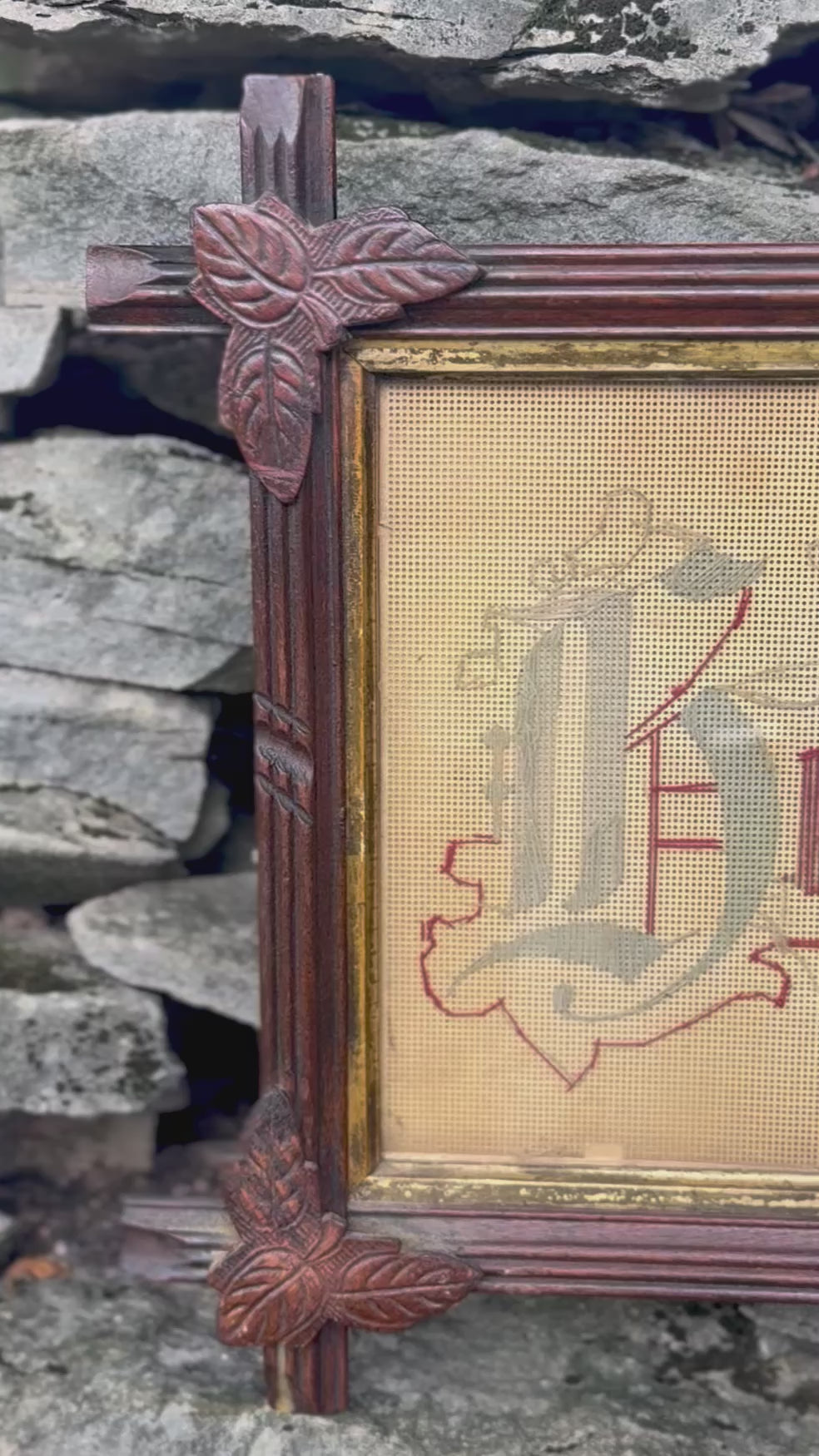 Antique Victorian “What Is Home Without a Mother” Punched Paper Motto Sampler in Walnut Eastlake Cross-Slat Frame