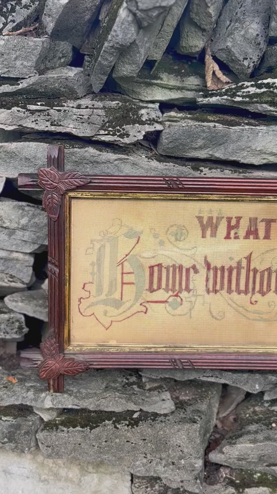 Antique Victorian “What Is Home Without a Mother” Punched Paper Motto Sampler in Walnut Eastlake Cross-Slat Frame