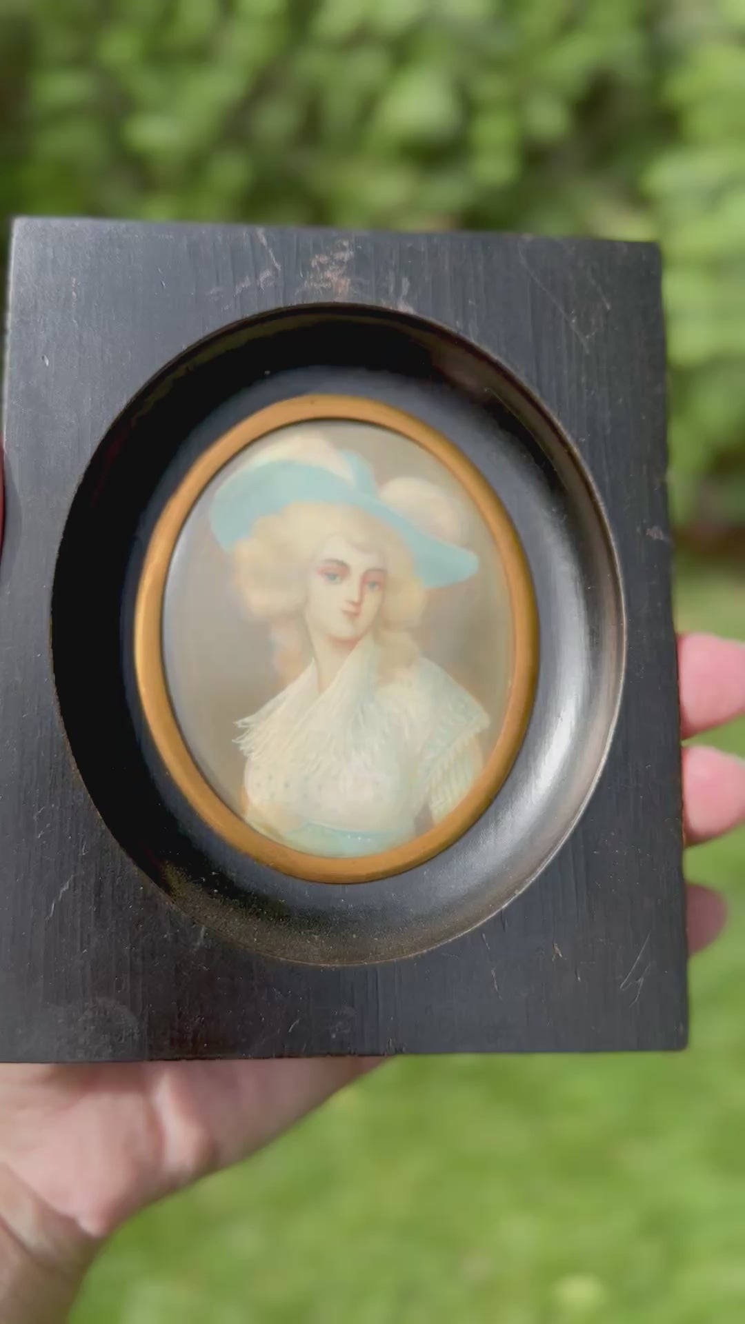Antique Hand-Painted Porcelain Portrait Miniature in Ebonized Frame, Georgian-Style Duchess Study with Handwritten Backing