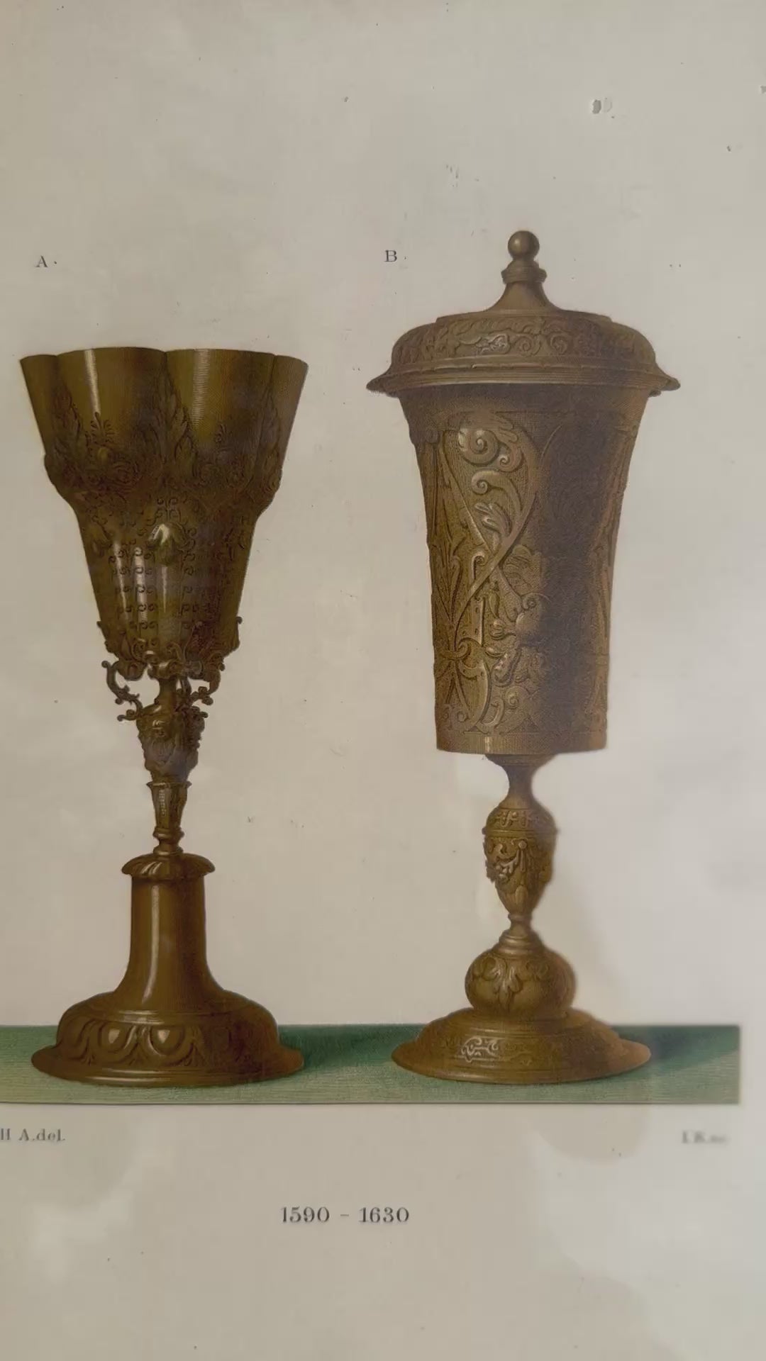 Antique German Chromolithograph of Renaissance Goblets (1590–1630) | Framed Decorative Arts Print, Plate 19, 13” x 16”