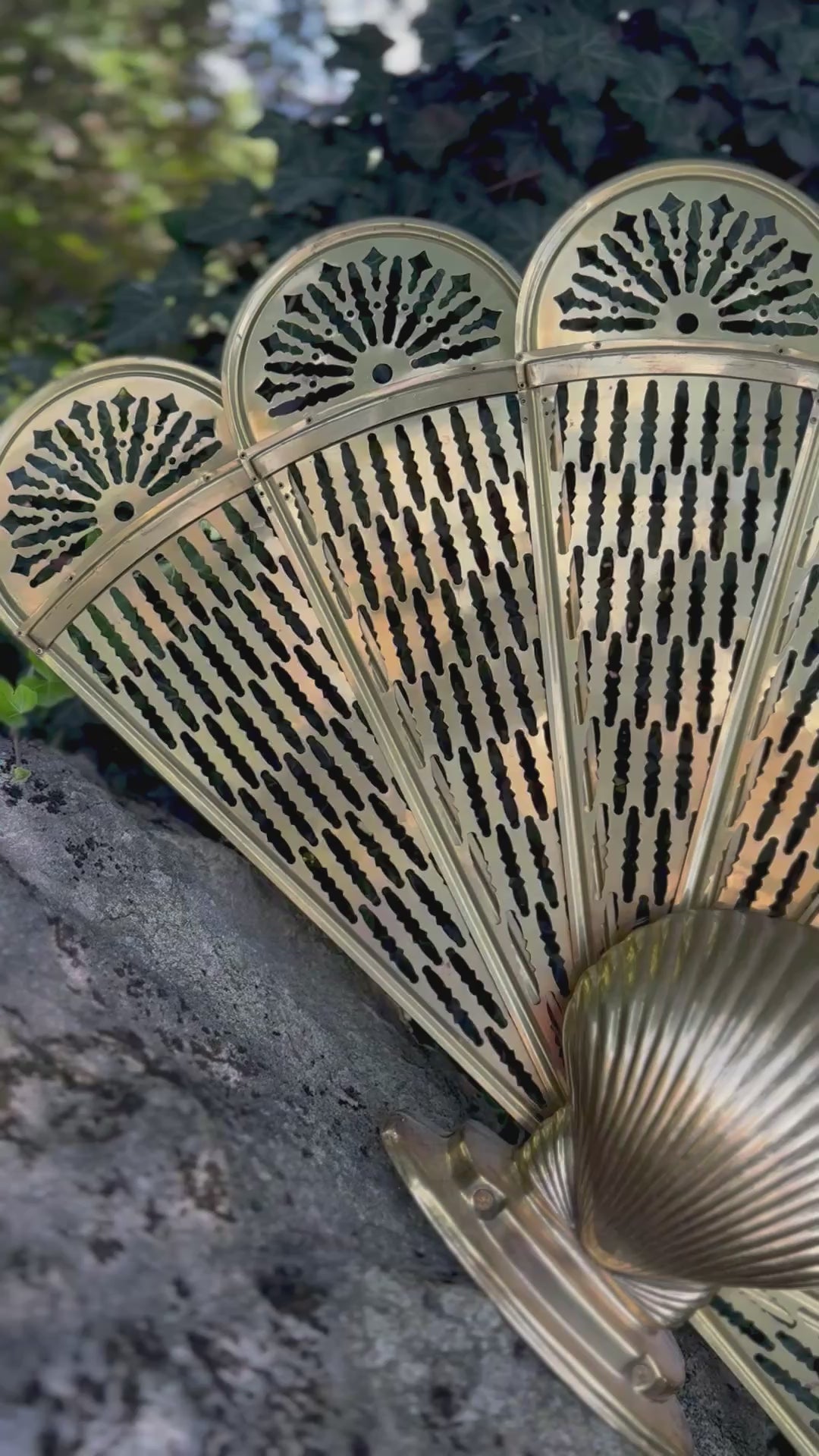 Vintage Solid Brass Peacock Fan Fireplace Screen | Hollywood Regency Folding Clamshell Fire Screen