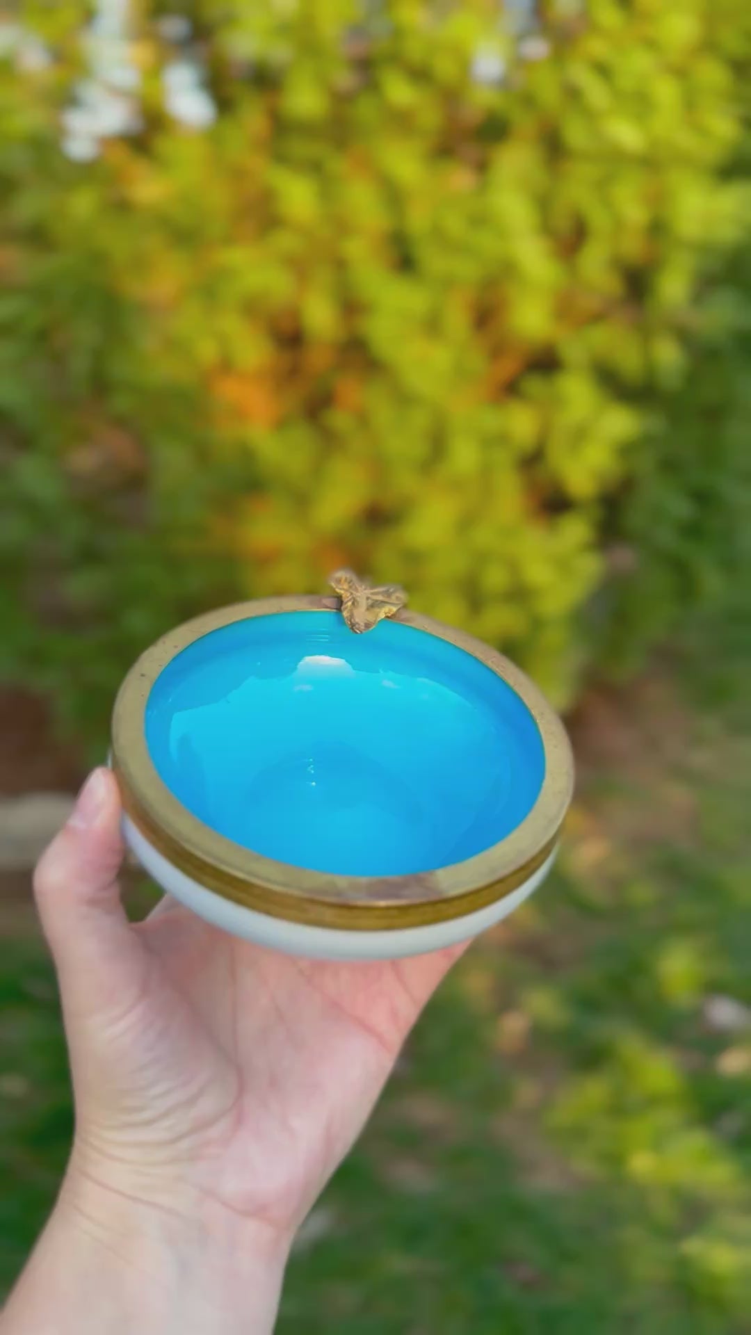 French Blue Opaline Vanity Dish with Gilt Brass Rim and Leaf Detail