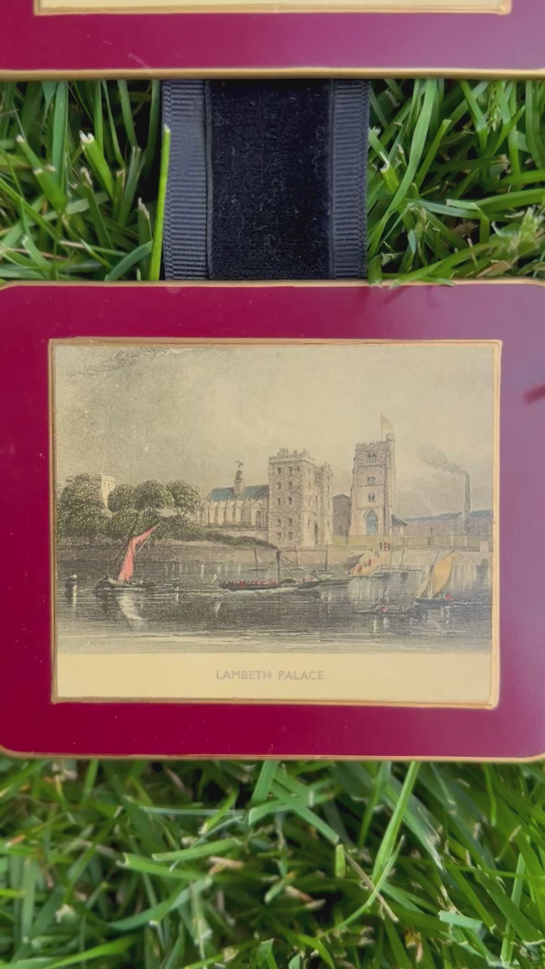 Vintage English London Landmark Coaster Wall Hanging | Lady Clare / Pimpernel Lacquer Coasters on Velvet Ribbon