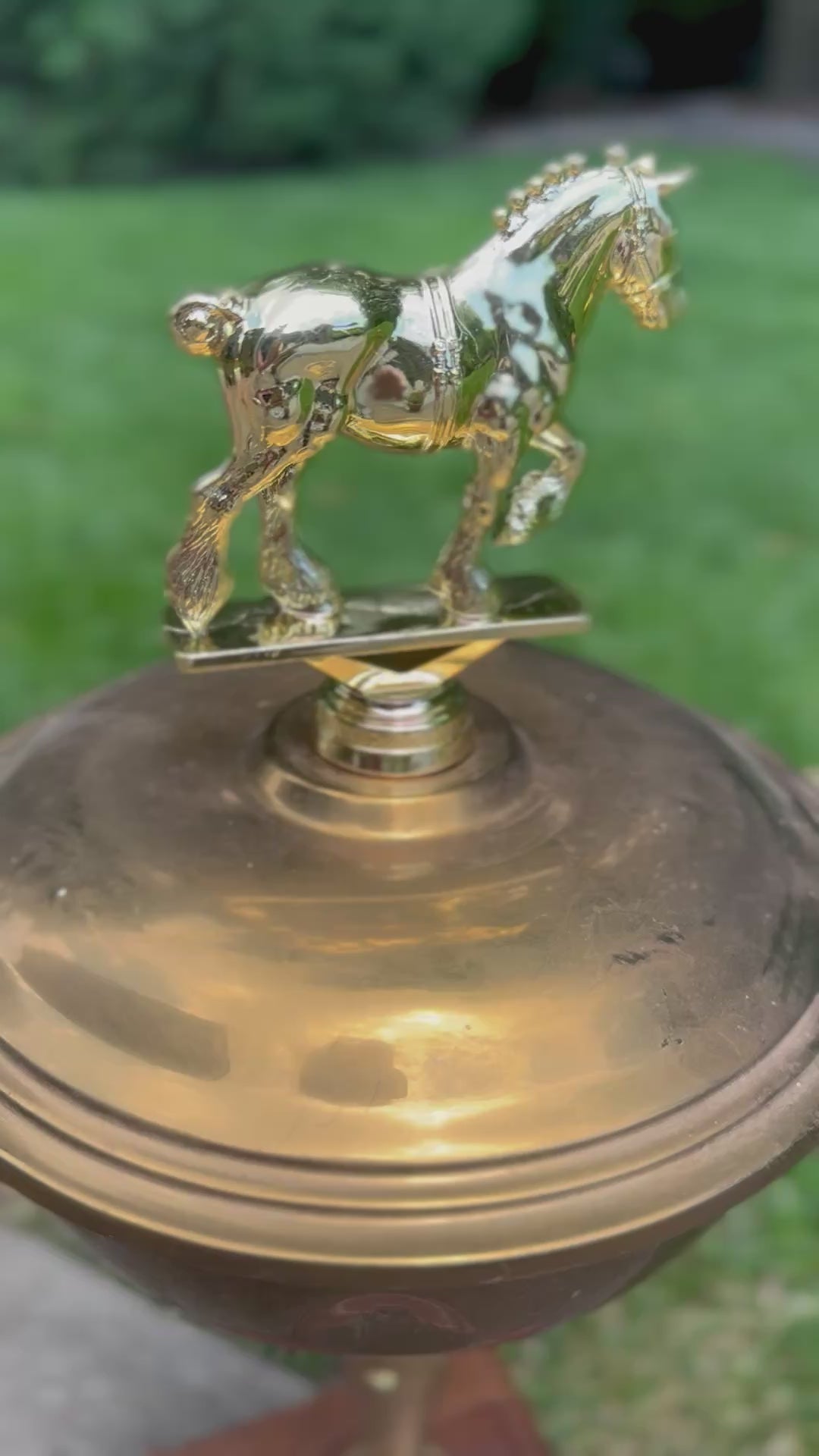 Vintage Brass Equestrian Trophy Urn with Horse Finial on Wooden Base