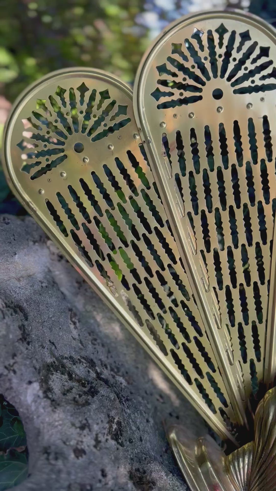 Vintage Solid Brass Peacock Fan Fireplace Screen | Hollywood Regency Folding Clamshell Fire Screen
