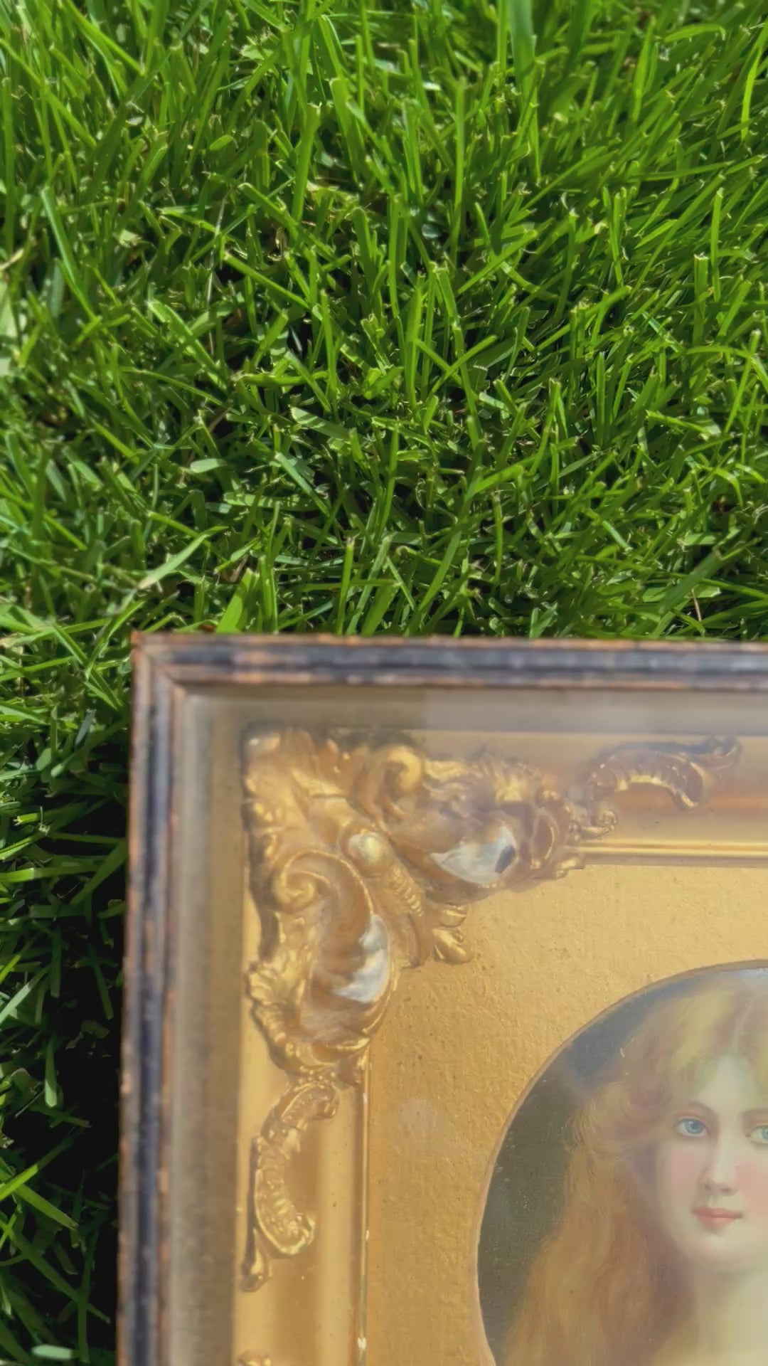 Large Antique Romantic Portrait Plaque in Gilt Shadowbox Frame, Late 19th/Early 20th Century