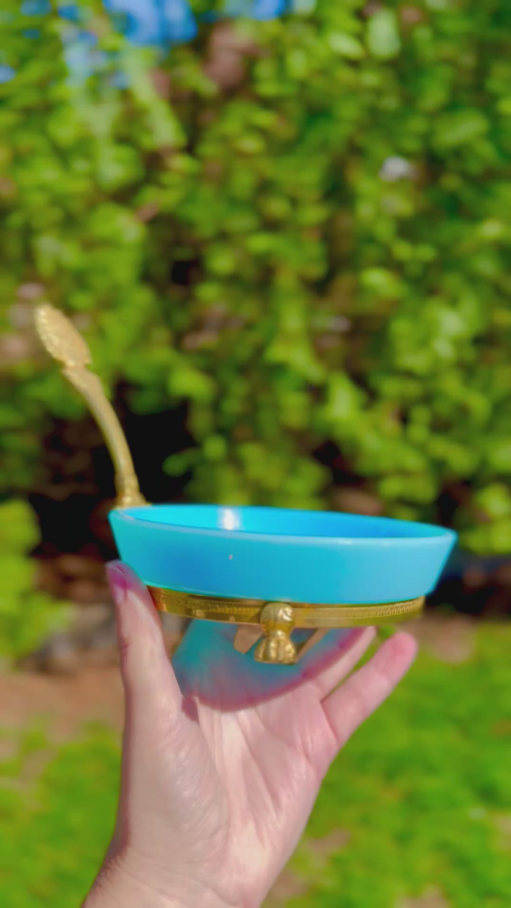 French Blue Opaline Glass Dish with Gilt Stand & Handle, Estate Sourced