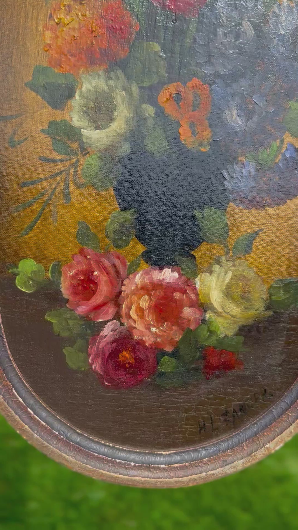 Antique Signed Floral Still Life Oil on Board, Ornate Frame – 28” x 16”