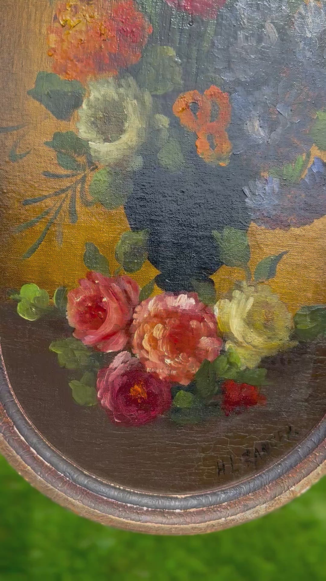 Antique Signed Floral Still Life Oil on Board, Ornate Frame – 28” x 16”