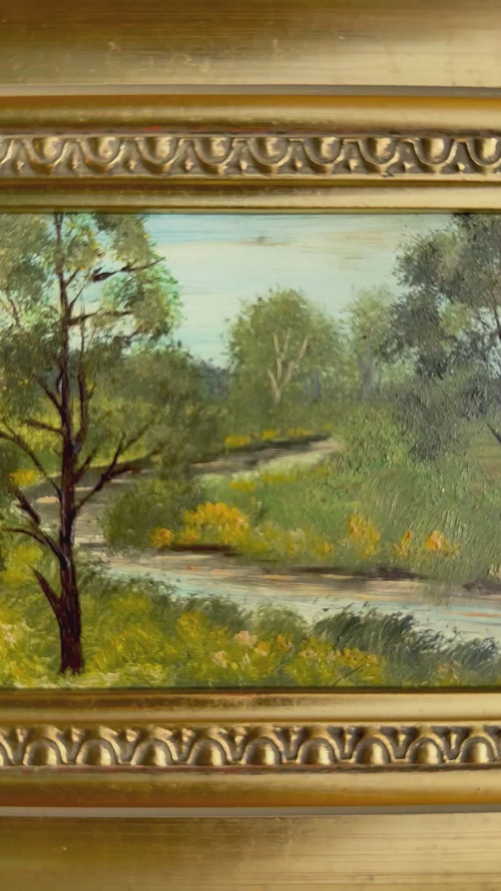 Vintage Signed Landscape Oil on Board with Creek in Gilt Frame