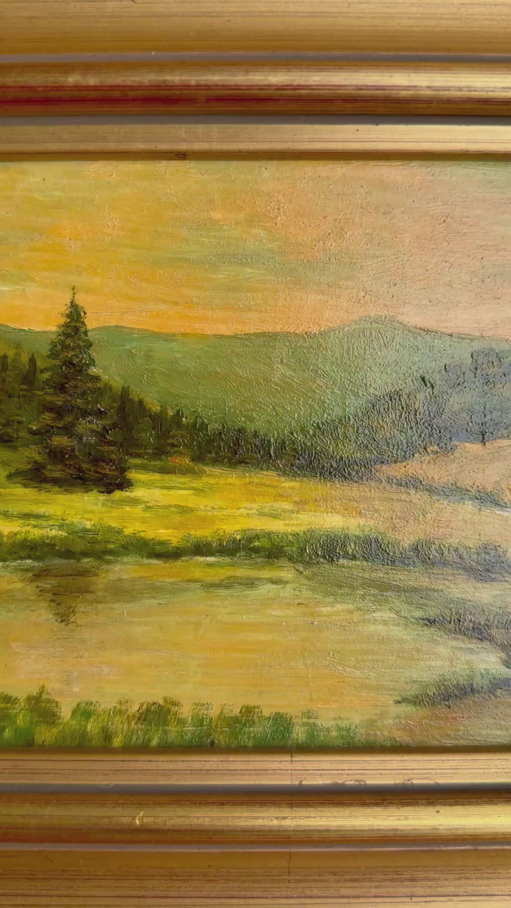 Vintage Landscape Oil Painting in Deep Gilt Frame, Pastoral Hillside Scene, Framed Original Oil on Board