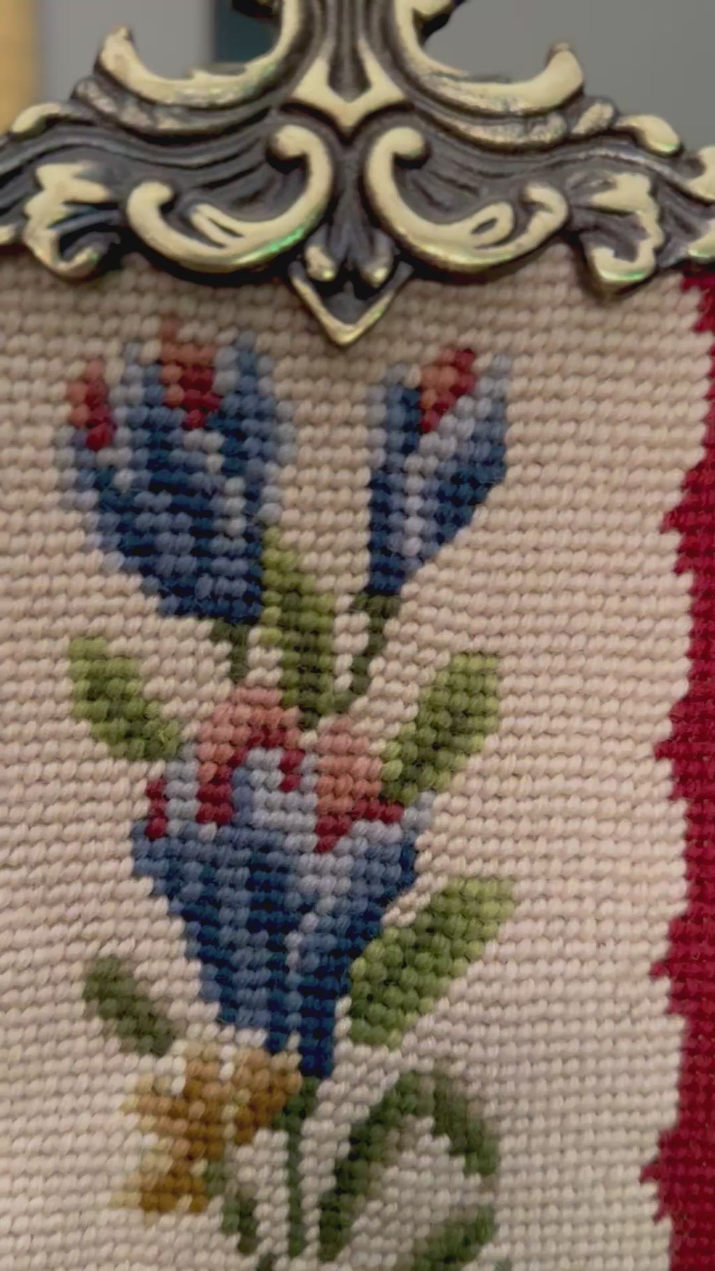 Signed Vintage Needlepoint Bell Pull | Handworked Floral Textile, 65” with Brass Mount