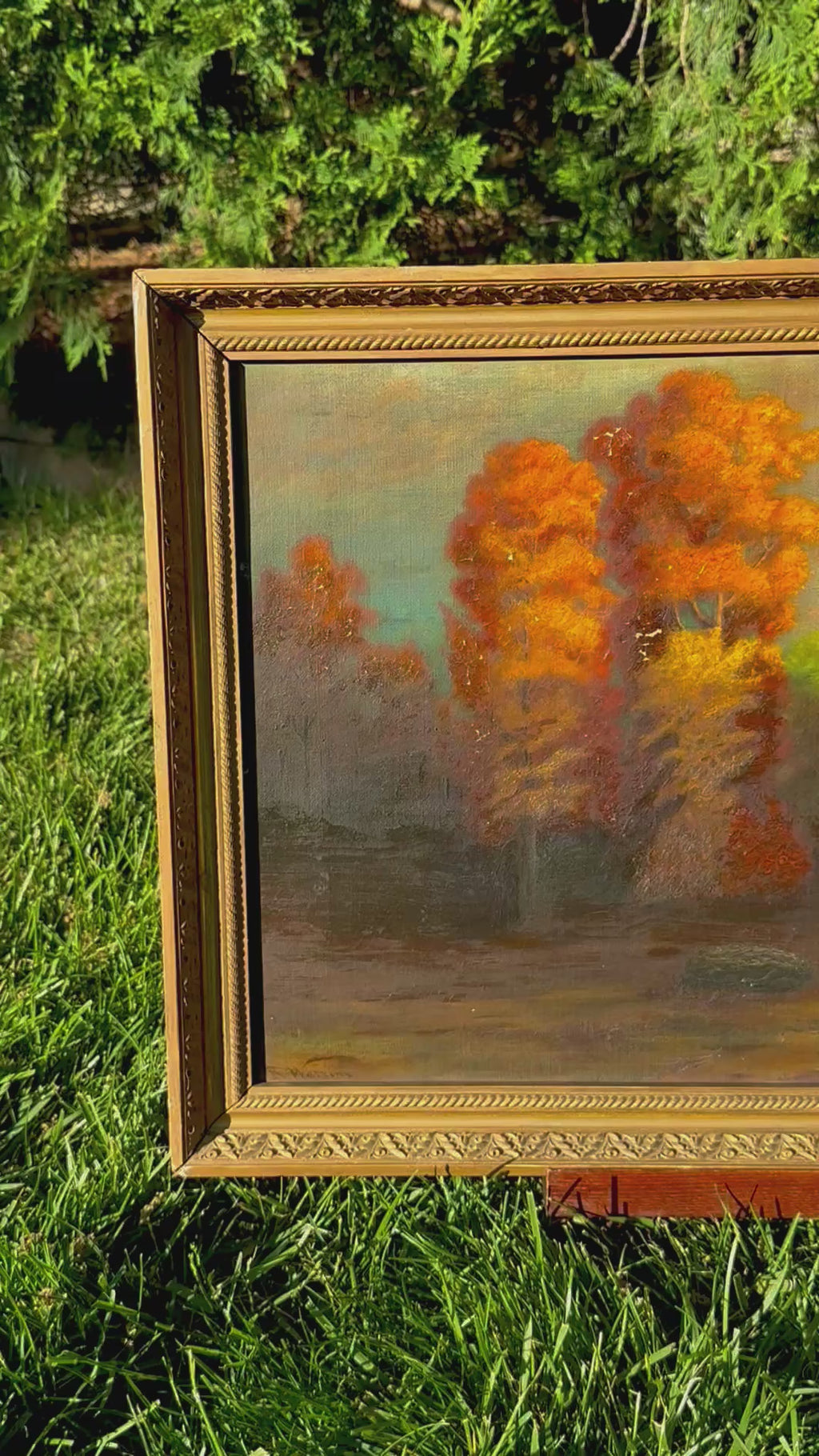 Signed Antique Tonalist Autumn River Landscape Oil Painting by R. Watkins | Original Gilt Frame