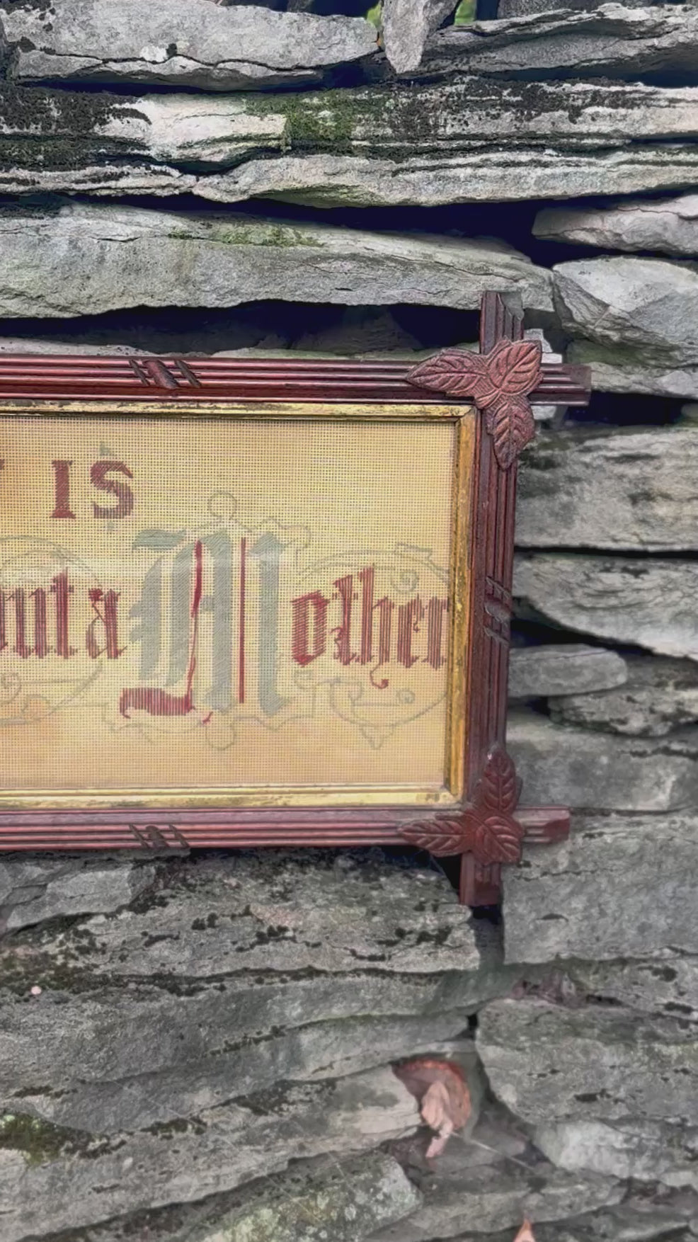 Antique Victorian “What Is Home Without a Mother” Punched Paper Motto Sampler in Walnut Eastlake Cross-Slat Frame