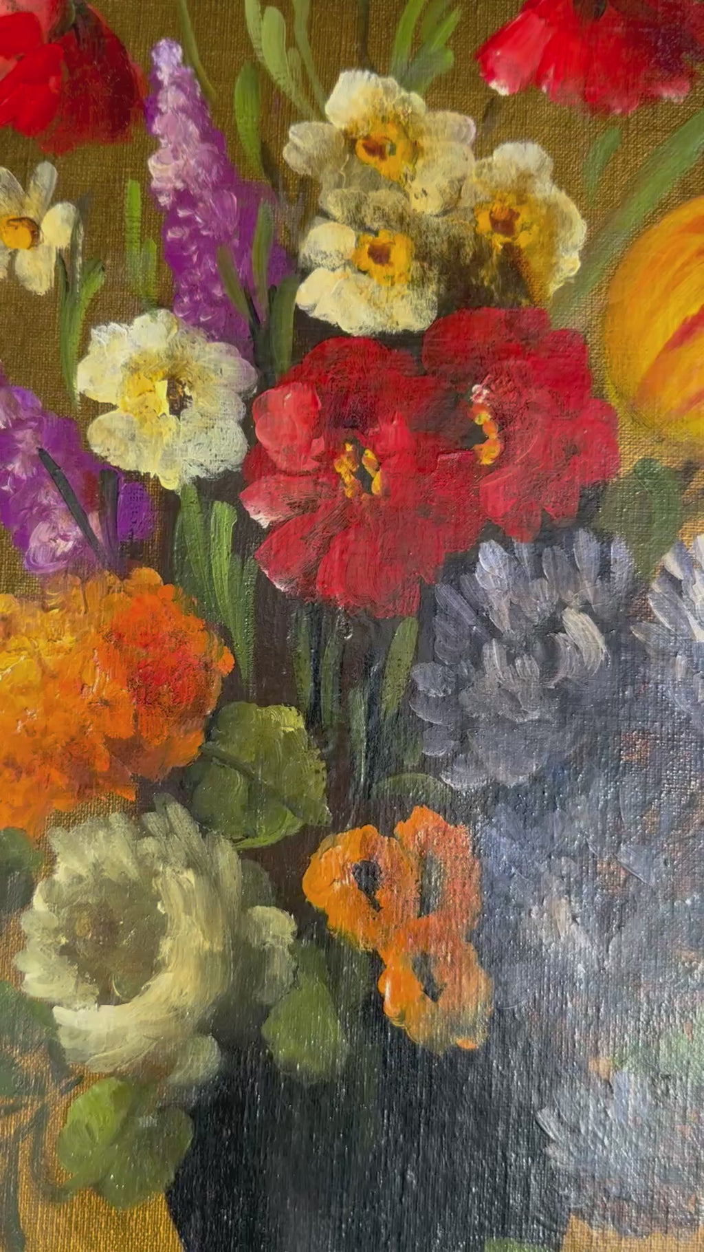 Antique Signed Floral Still Life Oil on Board, Ornate Frame – 28” x 16”