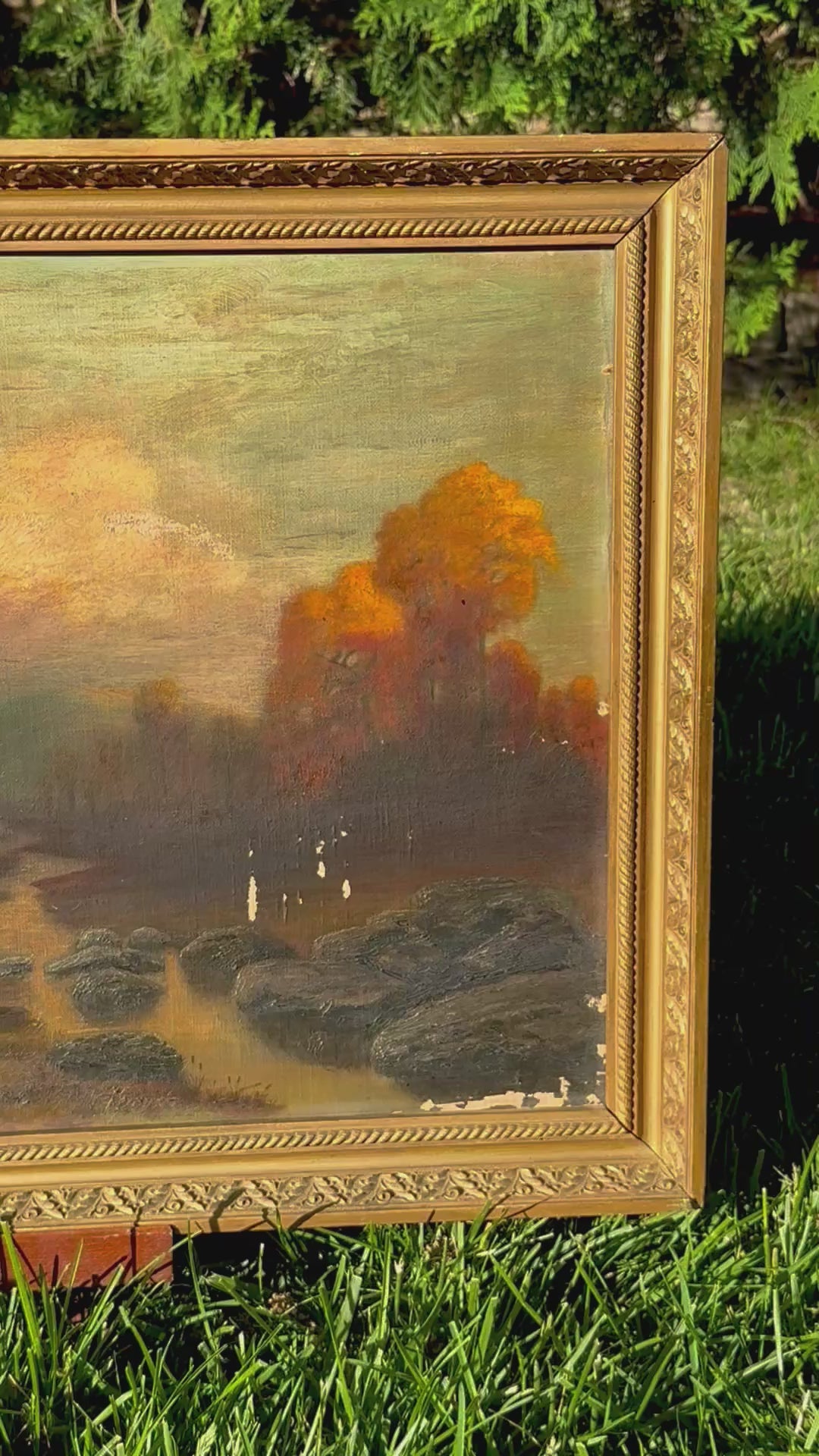 Signed Antique Tonalist Autumn River Landscape Oil Painting by R. Watkins | Original Gilt Frame