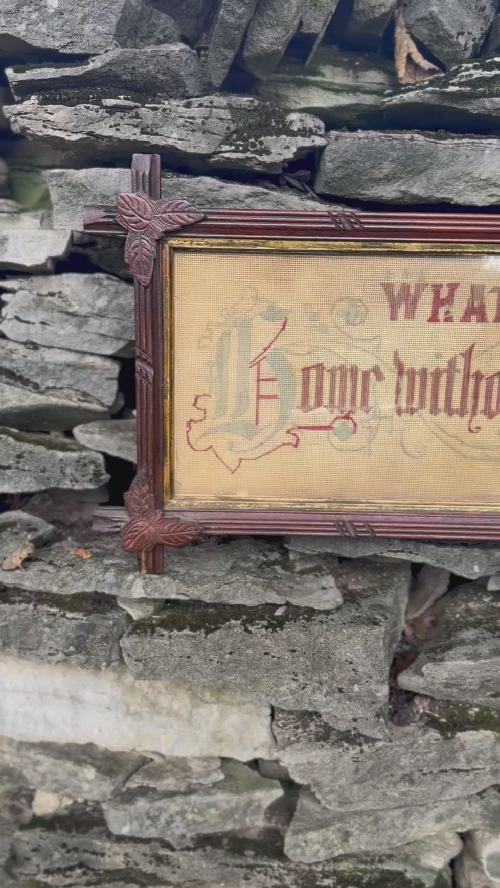 Antique Victorian “What Is Home Without a Mother” Punched Paper Motto Sampler in Walnut Eastlake Cross-Slat Frame