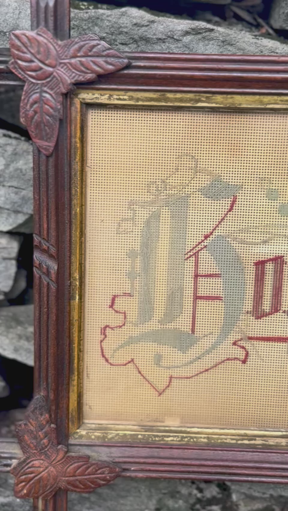 Antique Victorian “What Is Home Without a Mother” Punched Paper Motto Sampler in Walnut Eastlake Cross-Slat Frame