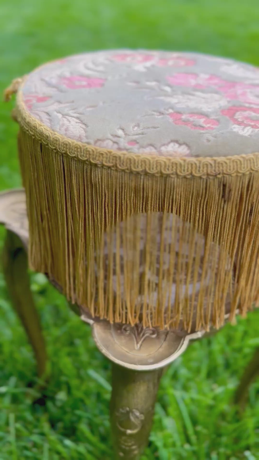 Vintage Fringed Upholstered Riser Stool | Floral Fabric Pedestal