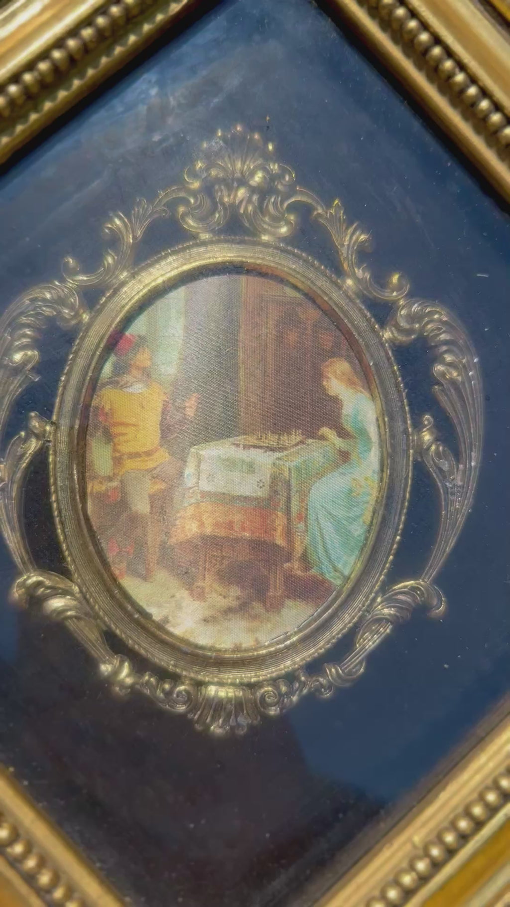 Vintage Framed Romantic Cameo Print in Ornate Gilt Shadow Box Frame | Victorian-Inspired Wall Art, 11.75”